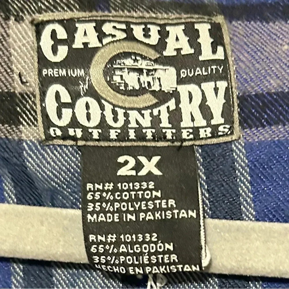 2X Country Outfitters Blue Plaid Men's Long Sleeve Flannel Button Down Shirt - Picture 3 of 4
